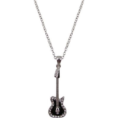 Electric Guitar Pendant Necklace / Silver with Silver Rhinestones
