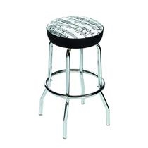 WHITE BAR STOOL WITH BLACK SHEET MUSIC DESIGN (APROX 29 INCHES HIGH) WHITE BAR STOOL WITH BLACK SHEET MUSIC DESIGN (APROX 29 INCHES HIGH)